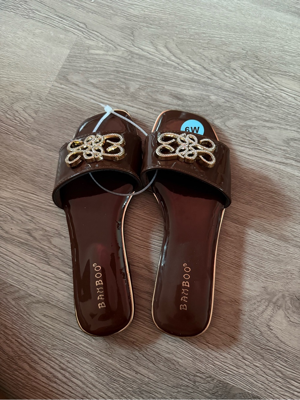 BAMBOO Brown Patent Slide Sandals with Gold Decorative Accent